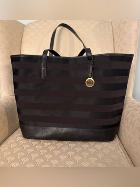 Tommy Hilfiger Black brown striped Tote with Gold Logo Medallion